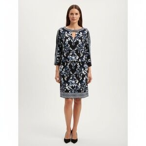 3/$15 White House‎ Black Market XS Black Blue White Floral Keyhole Neck Dress